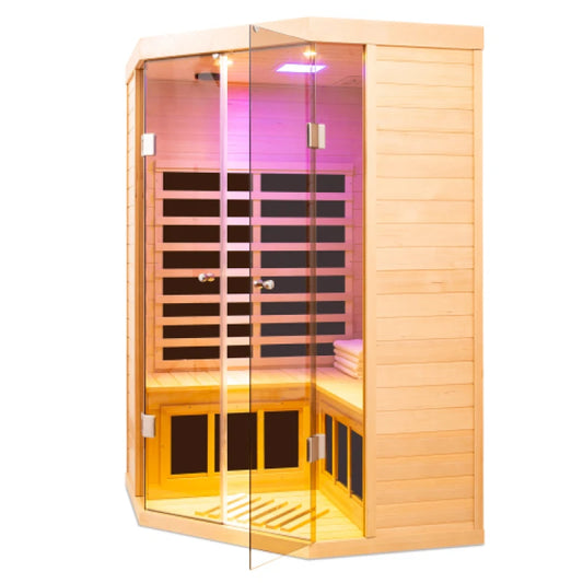 A pentagonal hemlock sauna room that can accommodate two people