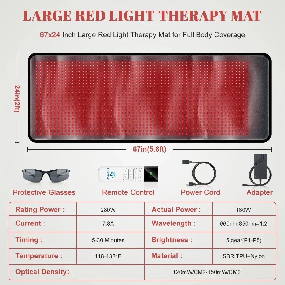 1440 LEDs Red Infrared Light Therapy Mat 660nm850nm Near Infrared Light Device Large Pad 76"x 24"For Body Pain Relief Power 160W