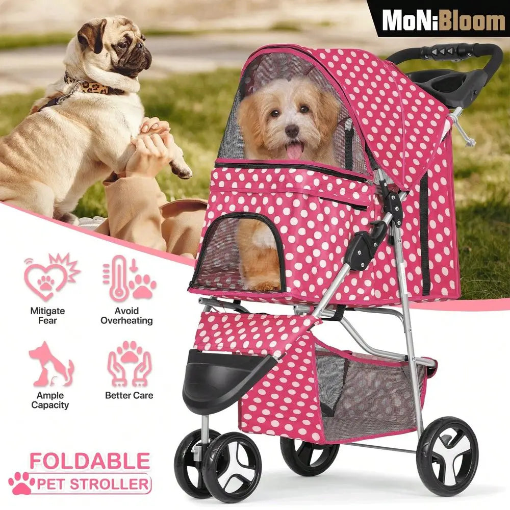 3 Wheels Pet Dog Cat Stroller For Small Medium Dogs Cats, Foldable Jogger Stroller W Storage Basket And Cup Holder