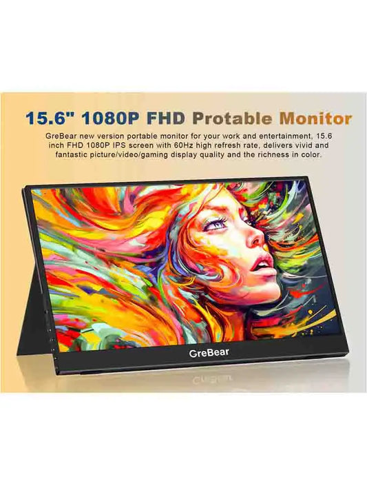 GreBear 15.6 Inch Portable Monitor FHD 1080P Travel Gaming Monitor HDR IPS Portable Monitor with USB Type C Built-in Speaker Eye