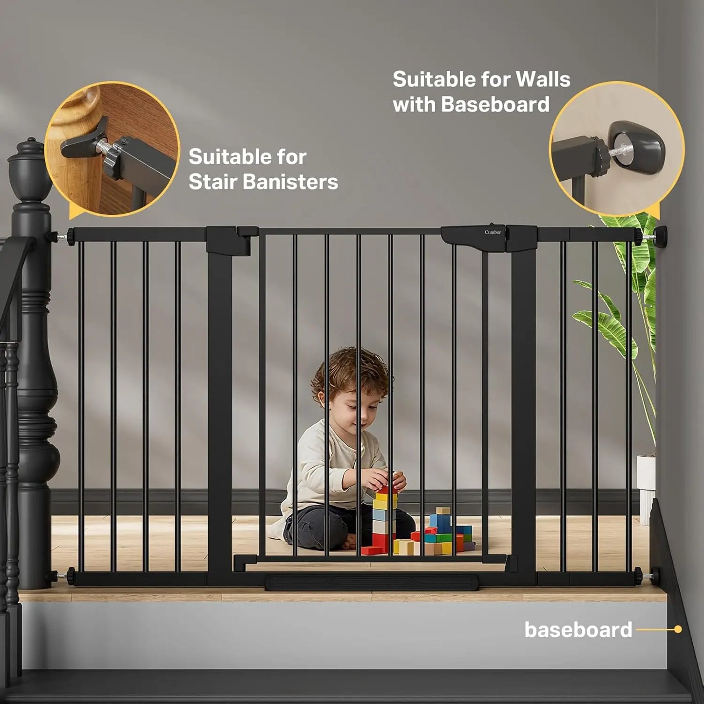 Extra Wide Auto-Close Baby and Pet Gate for Stairs, Doorways, Hallways - Pressure Mounted, No-Trip Design, Black