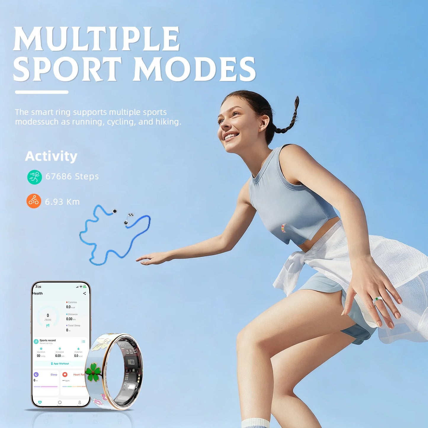 Smart ring Blue Dragonfly Lotus Style Activity tracking, calorie counting, stepcounting,distance tracking (km), 24/7 sleep tracking, heart rate monitoring, bodytemperaturemonitoring, blood oxygen monitoring, stress tracking,