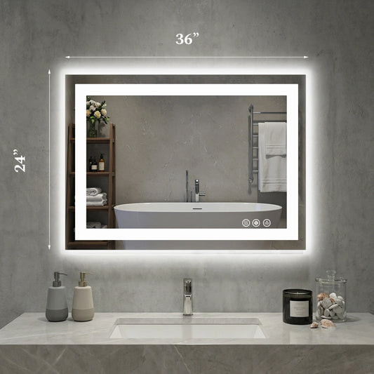 MCQ Rectangle LED Bathroom Mirror with Lights Tempered Glass Makeup Memory Function Dimmable Anti-Fog Front Lit Backlit Lighted Modern Vanity Mirror for Home Bedroom