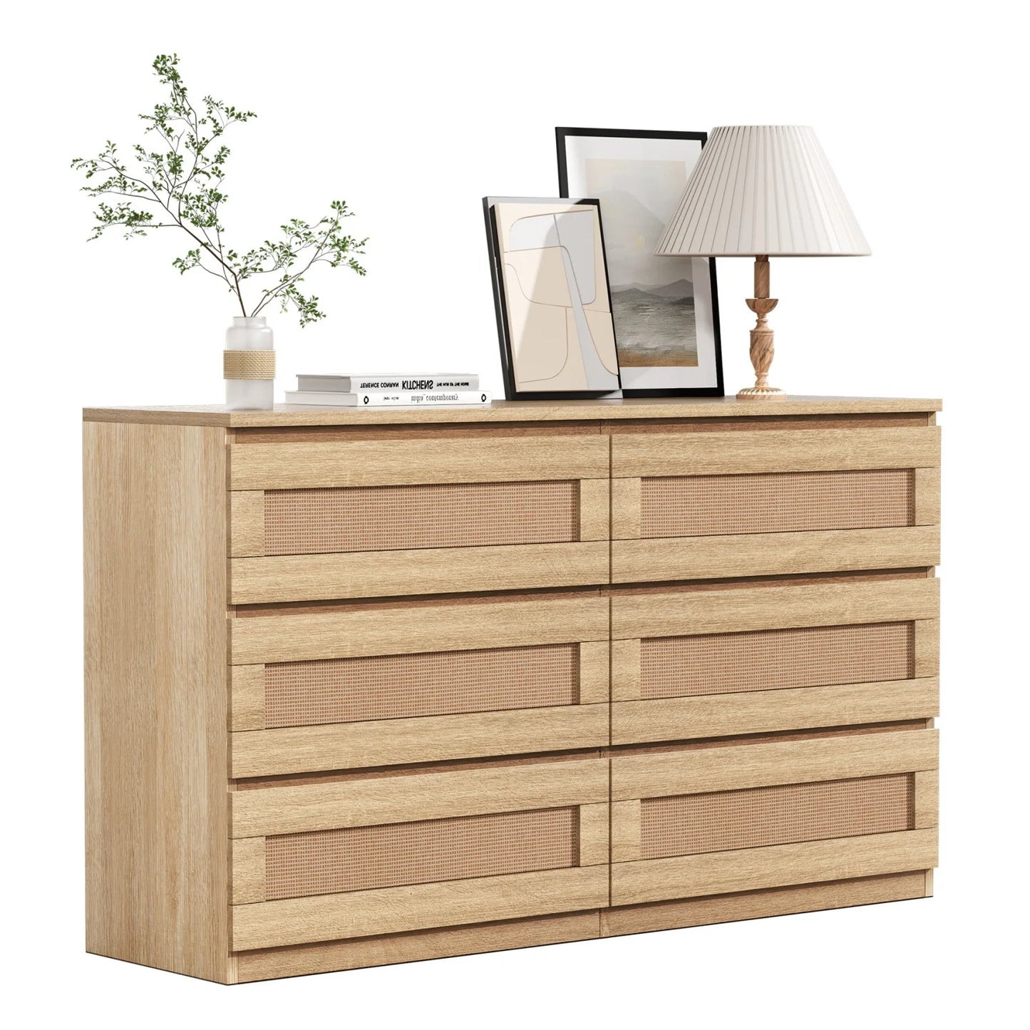 Modern Rattan 6-Drawer Dresser for Bedroom Wooden Chest of Drawers, Freestanding Storage Cabinet for Living Room and Entryway