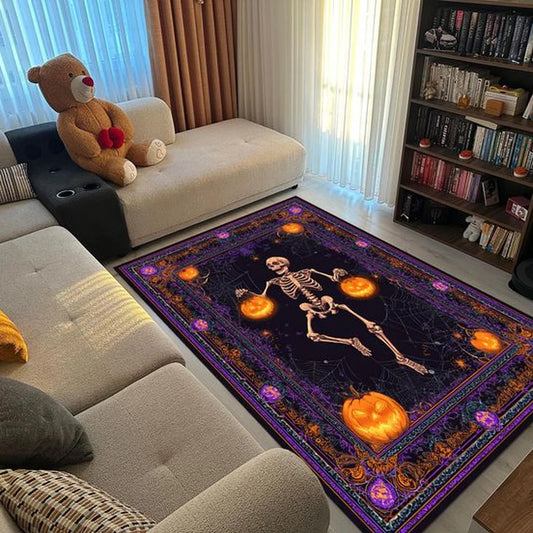 Halloween Skeleton Rug, Gothic Horror Rug with Pumpkin and Spider Web Patterns, Haunted House Decoration, Cute and Spooky Rug for the Living Room.