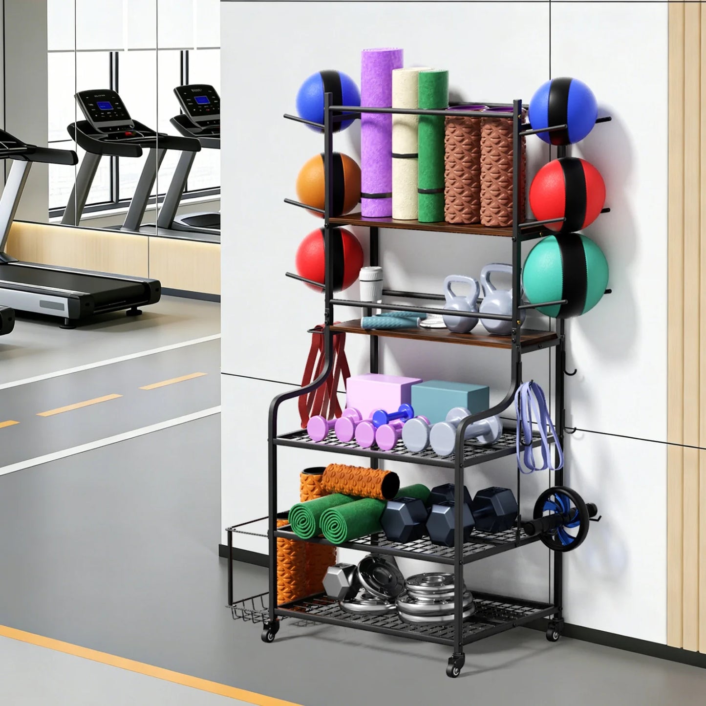 Movable Workout Storage Racks Yoga Mat Storage Stand with Wheels for Dumbbells, Kettlebells Storage Rack