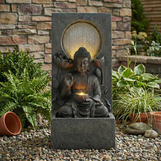 Freestanding 28 Inch Buddha LED Waterfall Fountain, Calming Relaxing Zen Feng Shui Water Feature Ornament, Waterproof Outdoor Decor for Patio Backyard Deck Home Ideal Present