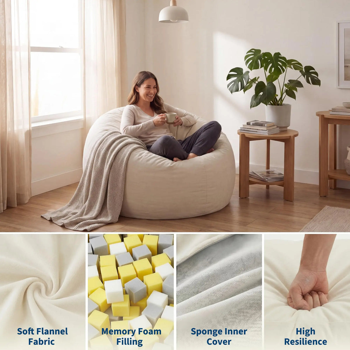 Large Adult Bean Bag Chair, 4 In 1 Convertible Bean Bag Bed, Memory Foam Floor Sofa, Flannel Cover With Inner Liner For Home