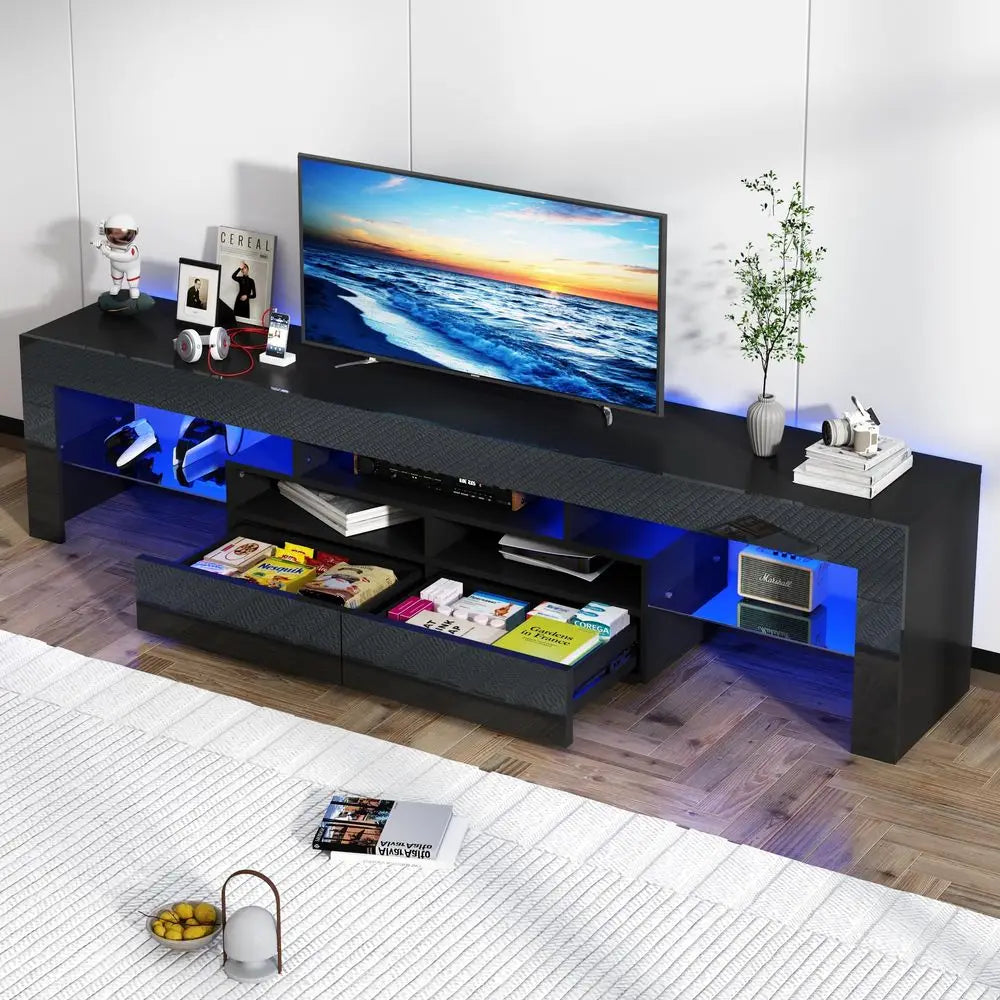 86IN LED TV Stand for 90 100 inch TV, High Glossy Modern Entertainment Center with Drawer and Led Lights, Television Table Medi