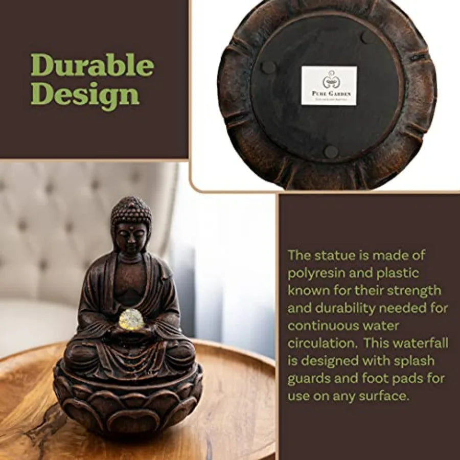 Indoor Tabletop Water Fountain - Sitting Buddha Statue with Rolling Glass Ball Multi-Colored LED Lights Electric Pump Soothing