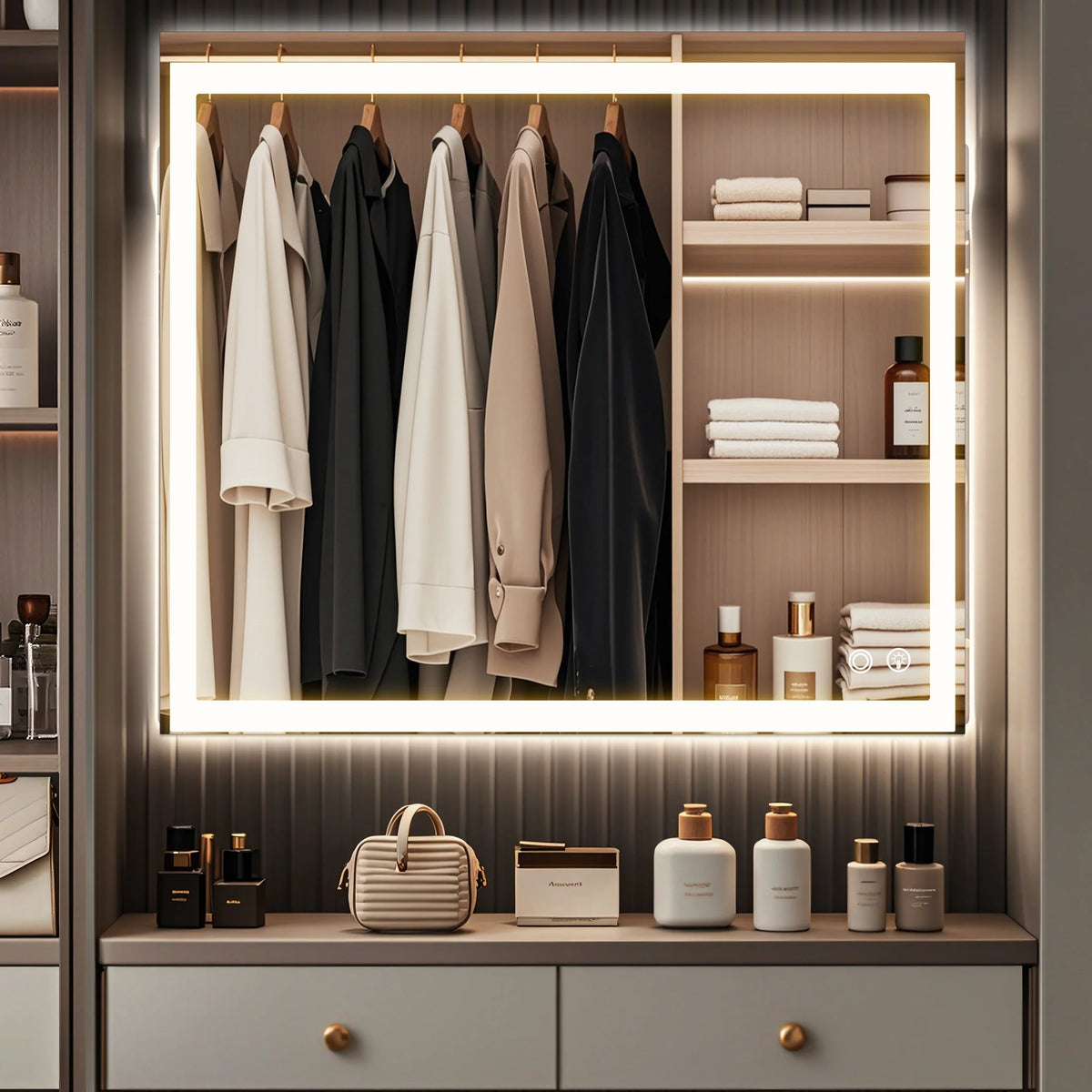 MCQ Rectangle LED Bathroom Mirror with Lights Tempered Glass Makeup Memory Function Dimmable Anti-Fog Front Lit Backlit Lighted Modern Vanity Mirror for Home Bedroom