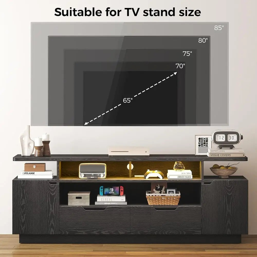 TV Stand or TVs 85 inch with Power Outlet and LED Lights, Entertainment Center with Storage Cabi, Media TV ole with Ders, ern TV