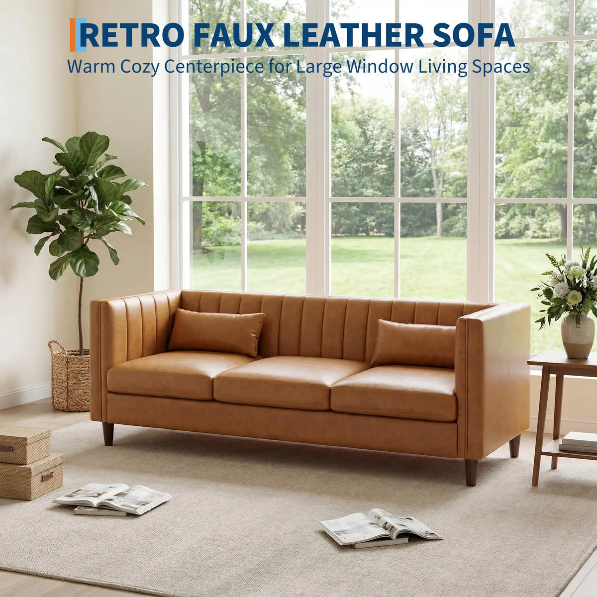 81 Inch Cognac Tan Faux Leather Sofa, Mid Century Modern 3 Seat Couch With Deep Seat, Wood Frame For Living Room, Apartment