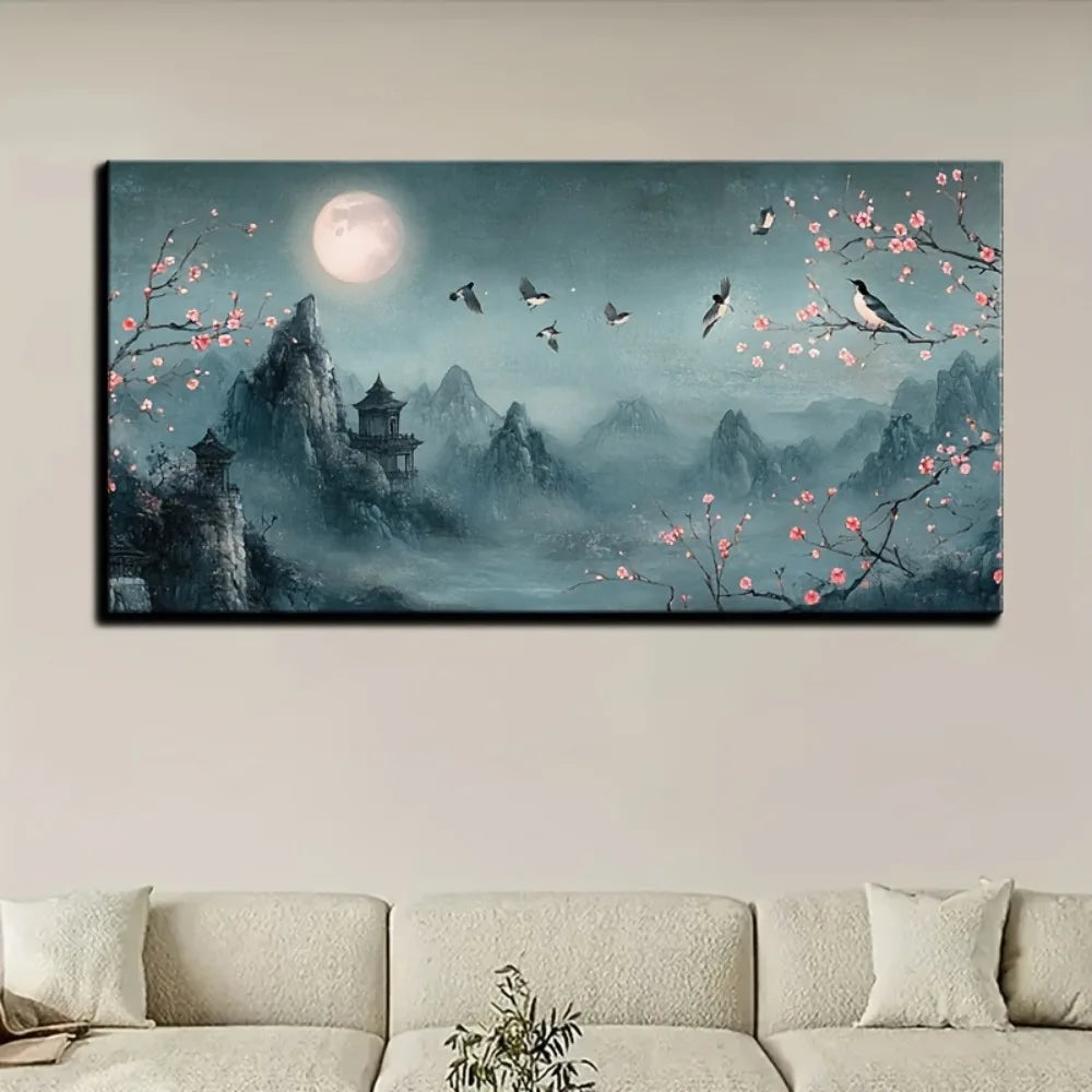 Chinese traditional flower full moon mural, canvas poster interior decoration,1.5 inch thick pine solid wood frame