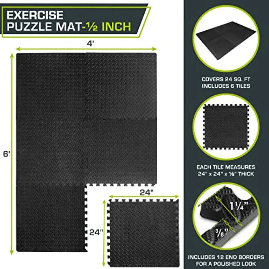 Exercise Puzzle Mat ½-inch, EVA Interlocking Foam Floor Tiles for Home Gym, Workout Equipment, Play Areas,,24 SQ Feet - 6 Tiles