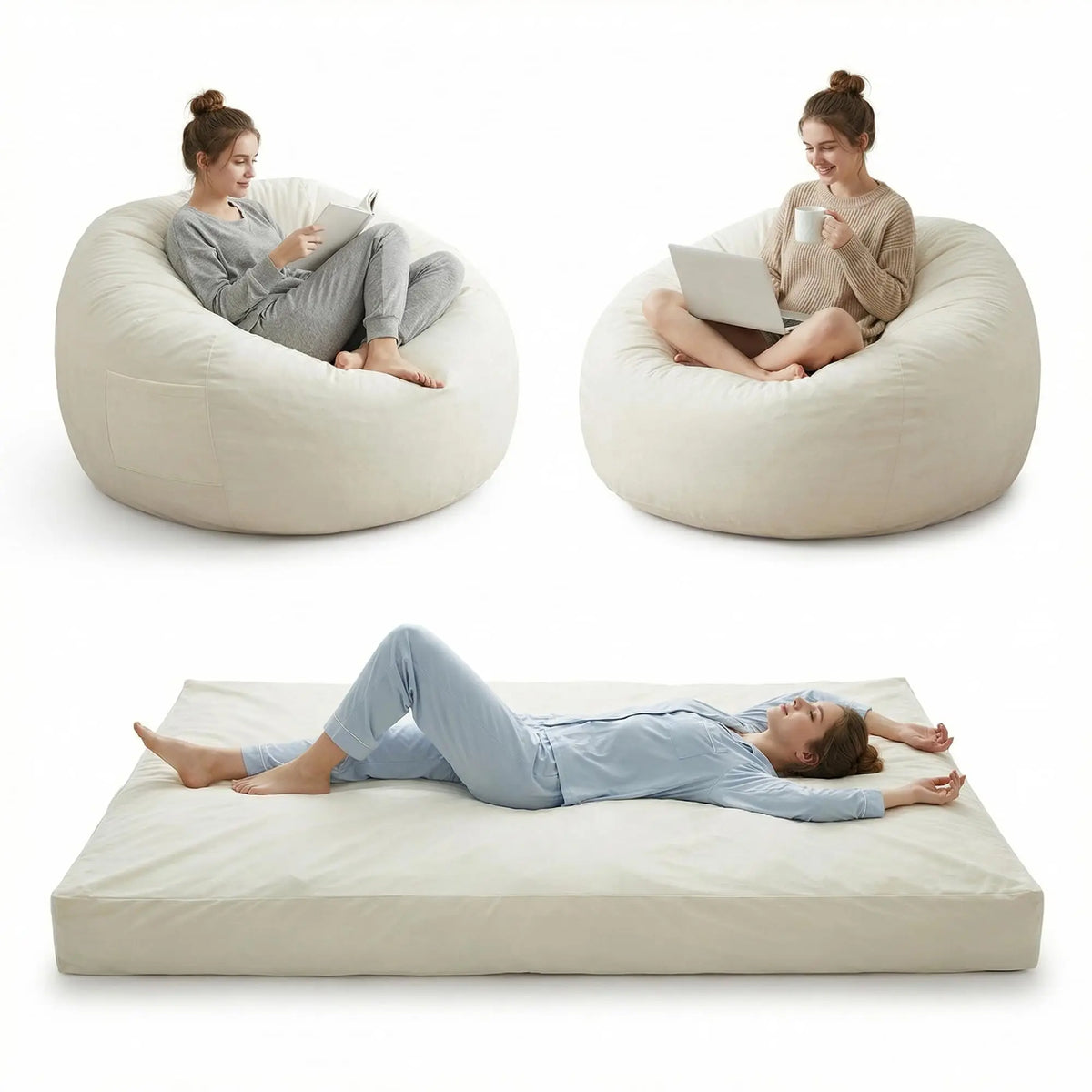 Large Adult Bean Bag Chair, 4 In 1 Convertible Bean Bag Bed, Memory Foam Floor Sofa, Flannel Cover With Inner Liner For Home