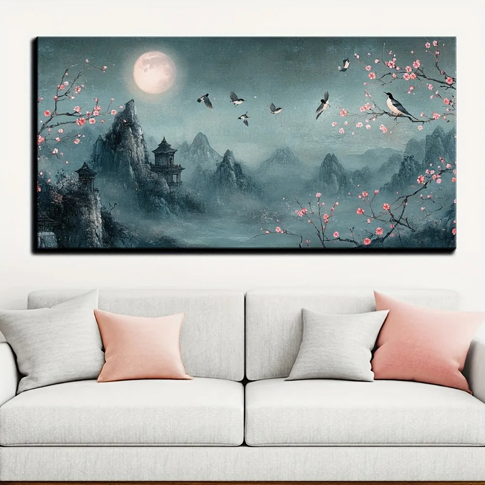 Chinese traditional flower full moon mural, canvas poster interior decoration,1.5 inch thick pine solid wood frame