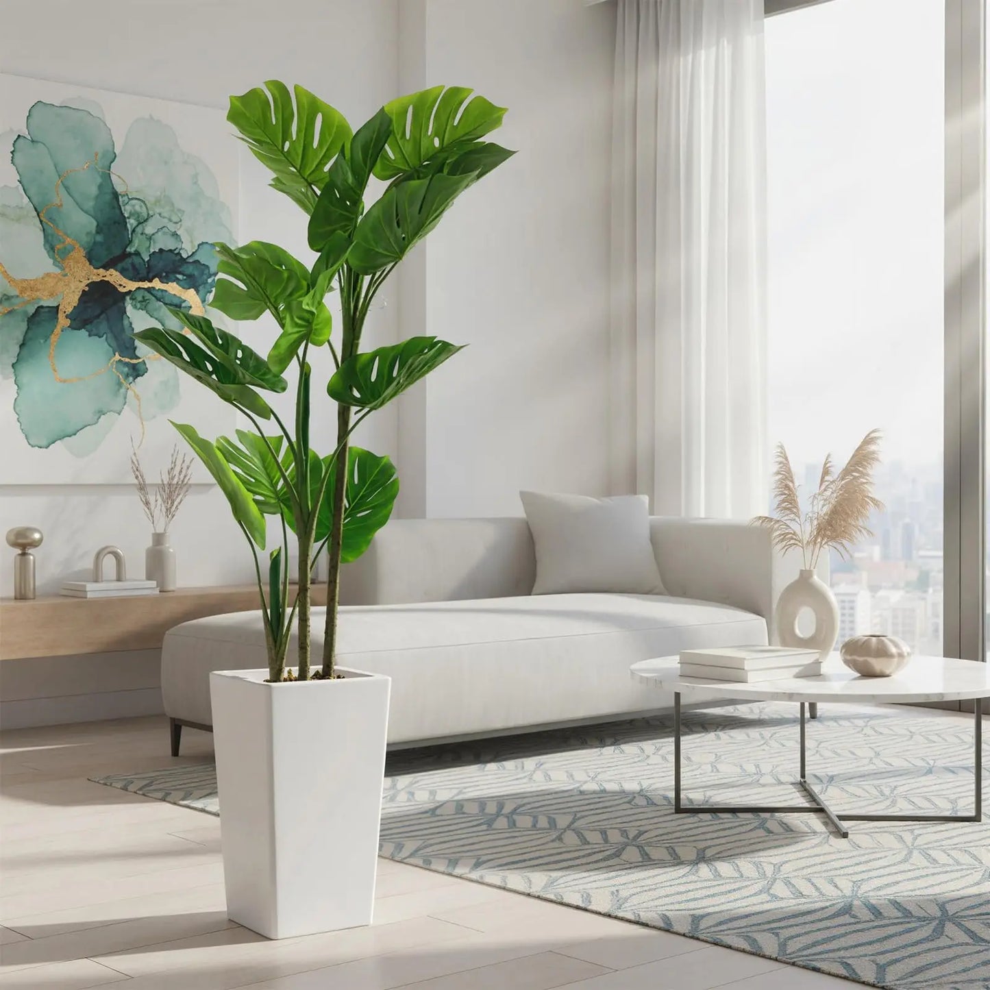 4.5FT Artificial Monstera Plant Tree with Tall White Planter, Fake Floor Plants, Faux Tropical Palm Tree for Home Office Porch