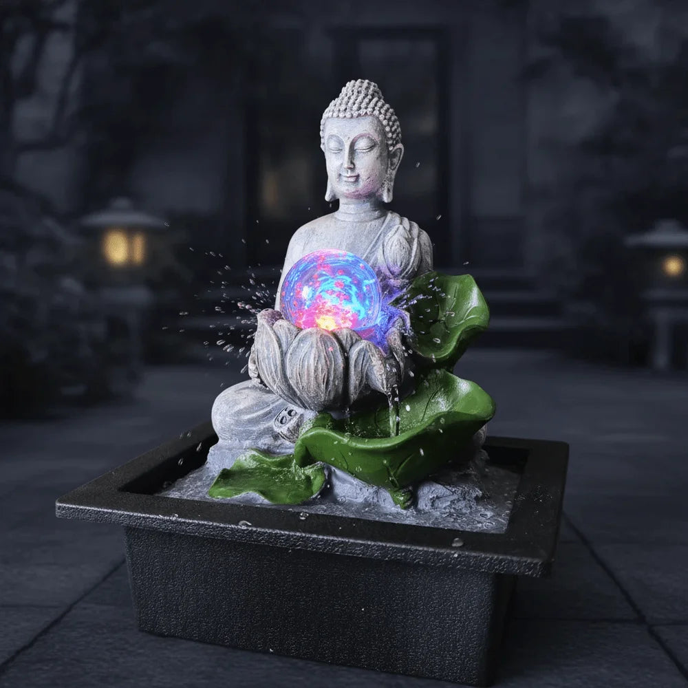 Tabletop Zen Buddha Water Fountain With ColorChanging LED Crystal Ball Cascading Indoor Water Feature, Quiet Pump Resin Figurin