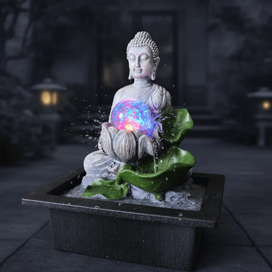 Tabletop Zen Buddha Water Fountain With ColorChanging LED Crystal Ball Cascading Indoor Water Feature, Quiet Pump Resin Figurin