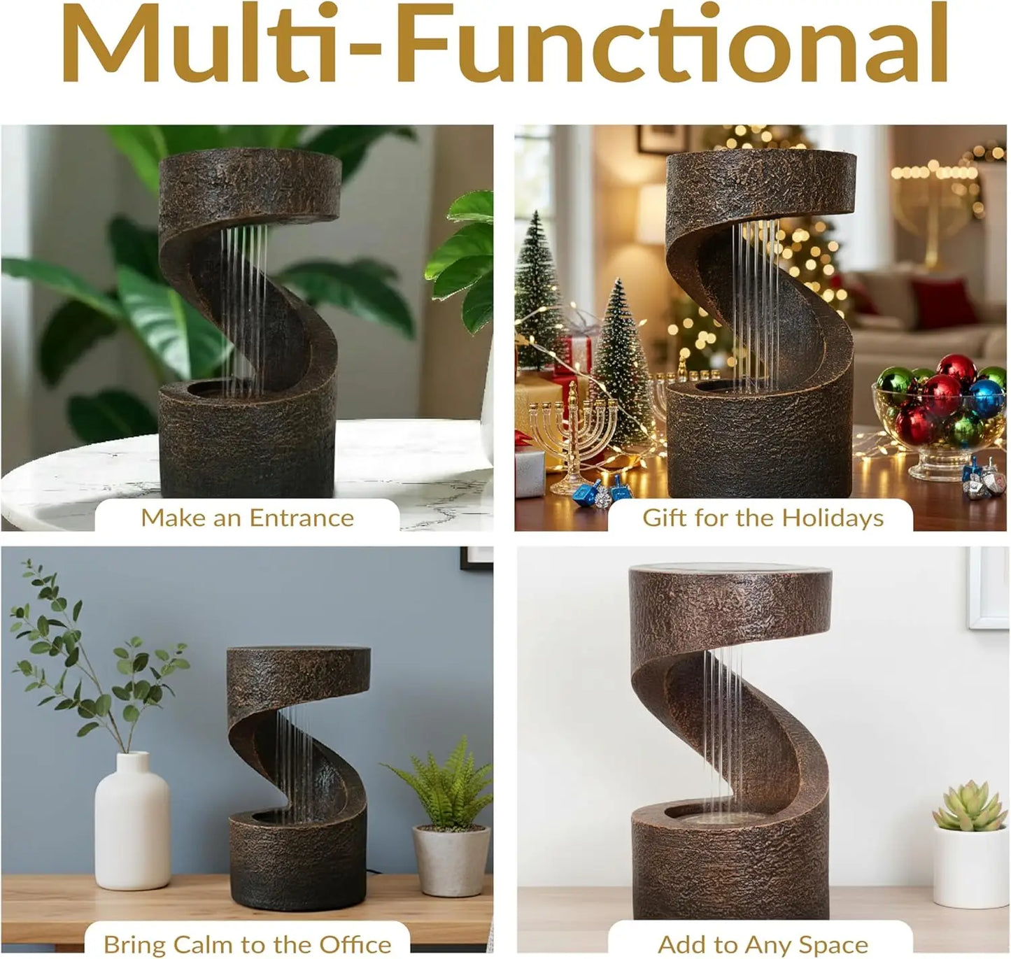 14 Inch Indoor Desktop Water Fountain with LED Lights - Relaxing Spiral Design for Office, Bedroom, Living Room
