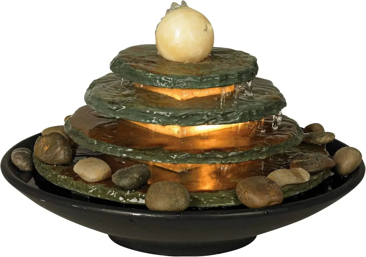 Pyramid 10" High Small Zen Modern Indoor Decor Slate Stone Tabletop Fountain with Light Waterfall Feng Shui Ball Rock Water Feat