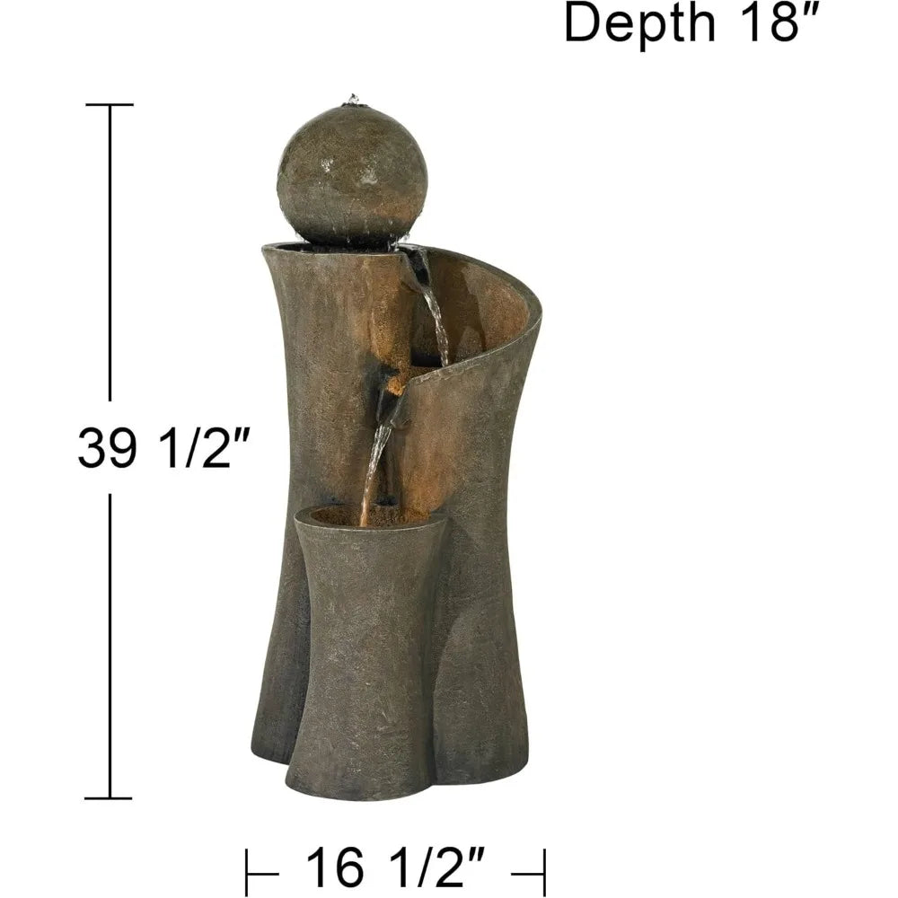 Large Modern Zen Indoor Outdoor Faux Stone Floor Fountain with LED Lighted Waterfall, 39.5" High