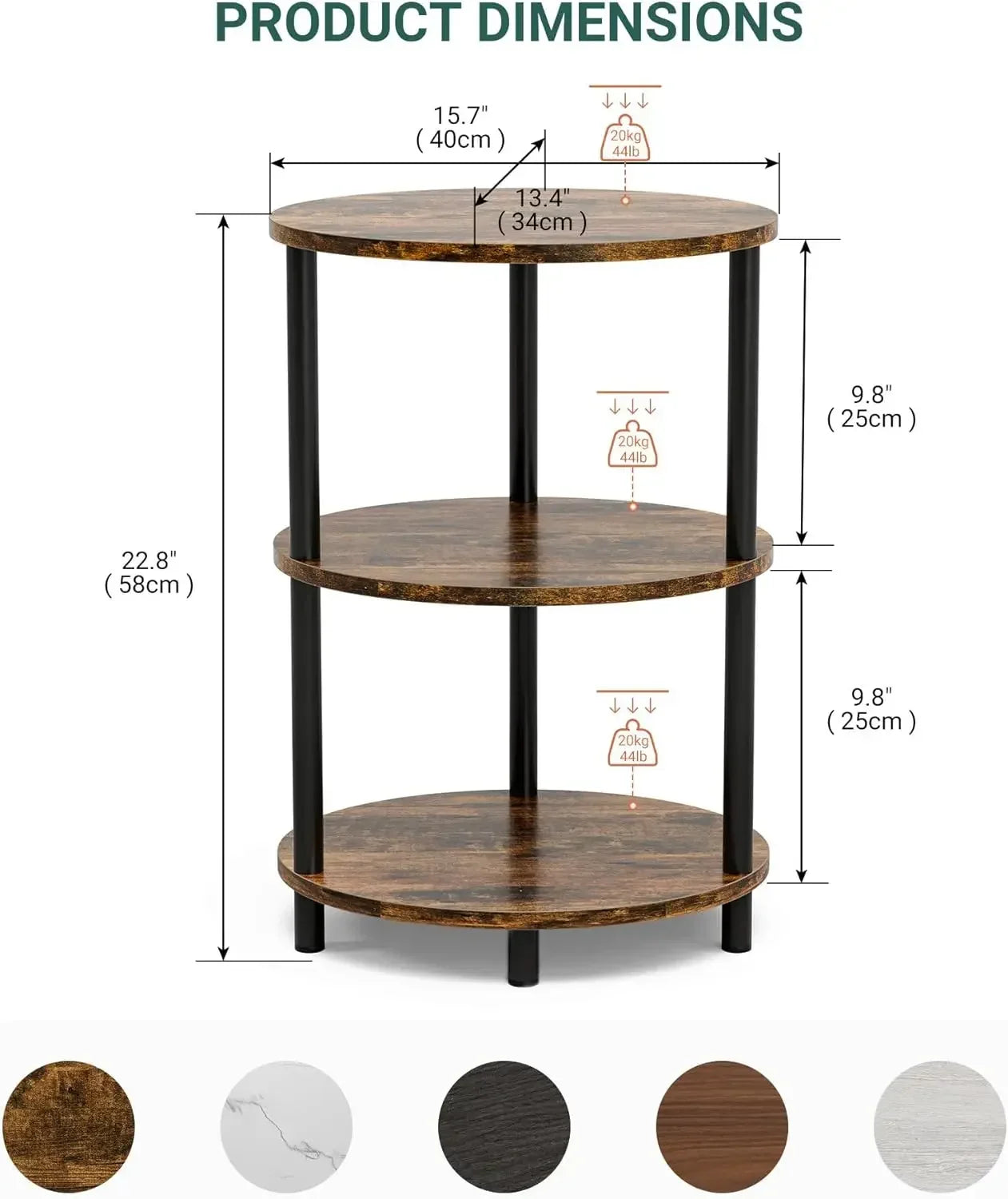 Small Round Side Table - 3-Tier Oval Accent Table for Small Spaces, Rustic Wood and Metal Couch End Table, Nightstand for Bedroo