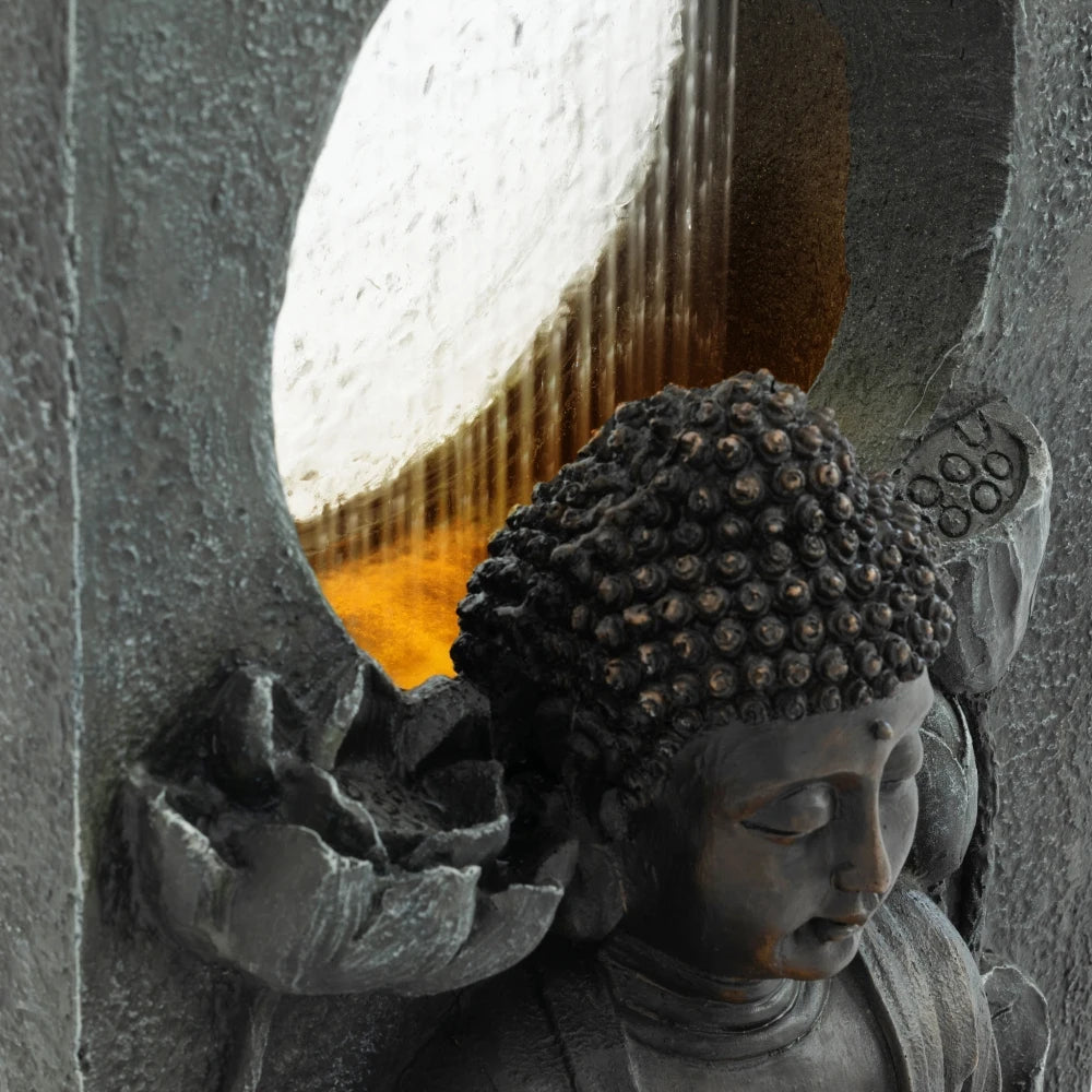 Freestanding 28 Inch Buddha LED Waterfall Fountain, Calming Relaxing Zen Feng Shui Water Feature Ornament, Waterproof Outdoor Decor for Patio Backyard Deck Home Ideal Present