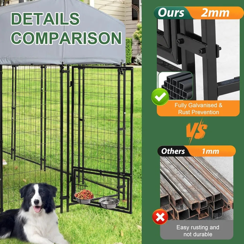 8x4x6 FT Heavy Duty Outdoor Dog Kennel with Roof, Rotating Bowls & Secure Lock for Large Dogs