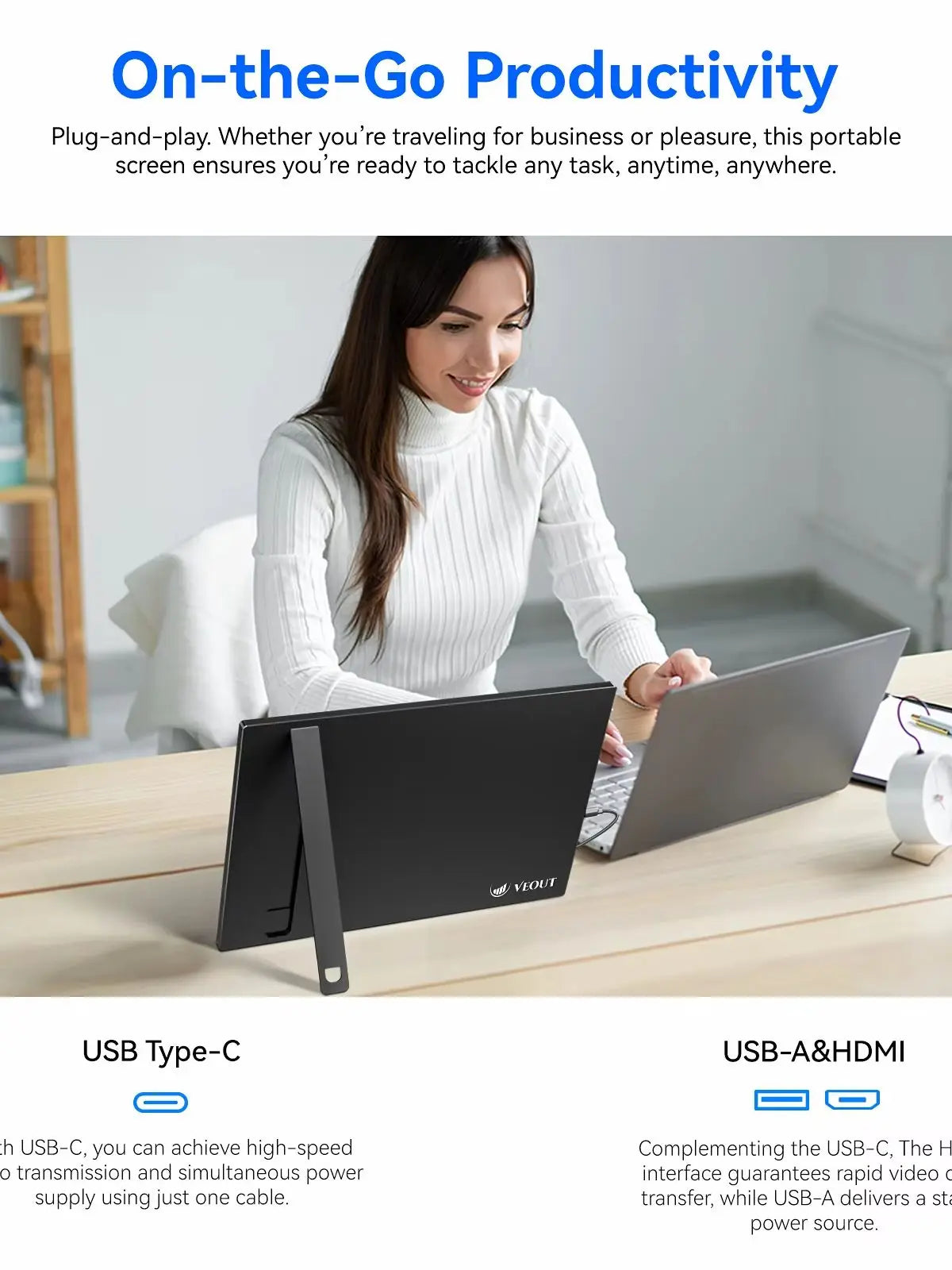 16“ VEOUT portable monitor 1920*1200P IPS,USB-C/HDMI,FreeSync 0.3" Ultra-Slim,Kickstand,4 Colors-Ideal for Gaming,Travel&Office