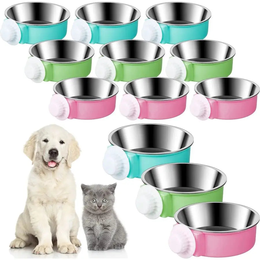 12 Pcs Crate Bowls Bulk Puppy Dog Bowls for Kennel, Removable Stainless Steel Crate Water Bowl, Kennel Hanging Food Feeders Coop
