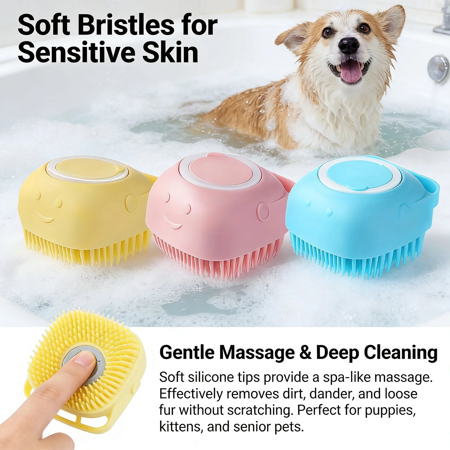 2-In-1 Pet Bath & Massage Brush With Shampoo Storage Silicone Dog Cat Grooming Tool For Puppy Kitten Sensitive Skin