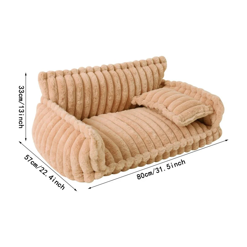 Soft Rabbit Plush Pet Sofa Bed Anti Slip Bottom Zipper Removable Cover Comfortable Pet Sleeping Couch With Pillow Fashion Striped Design Indoor Bedroom Living Room Pet Rest Furniture