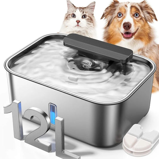 12L Dog Water Fountain for Large Dogs, UltraQuiet Stainless Steel Dog Water Bowl Dispenser with Swirling Water Flow, Pet Water F