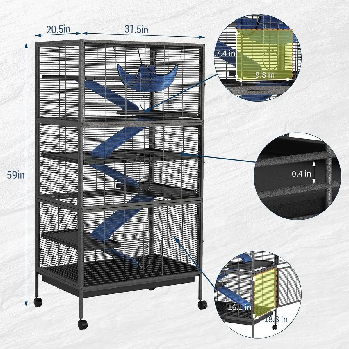 59in Tall Ferret Cage 6 Tier Small Animal Habitat with Hammock Fleece Ramps Rolling Wheels Removable Tray Multi Level Metal Cage for Chinchilla Sugar Glider and Small Pets