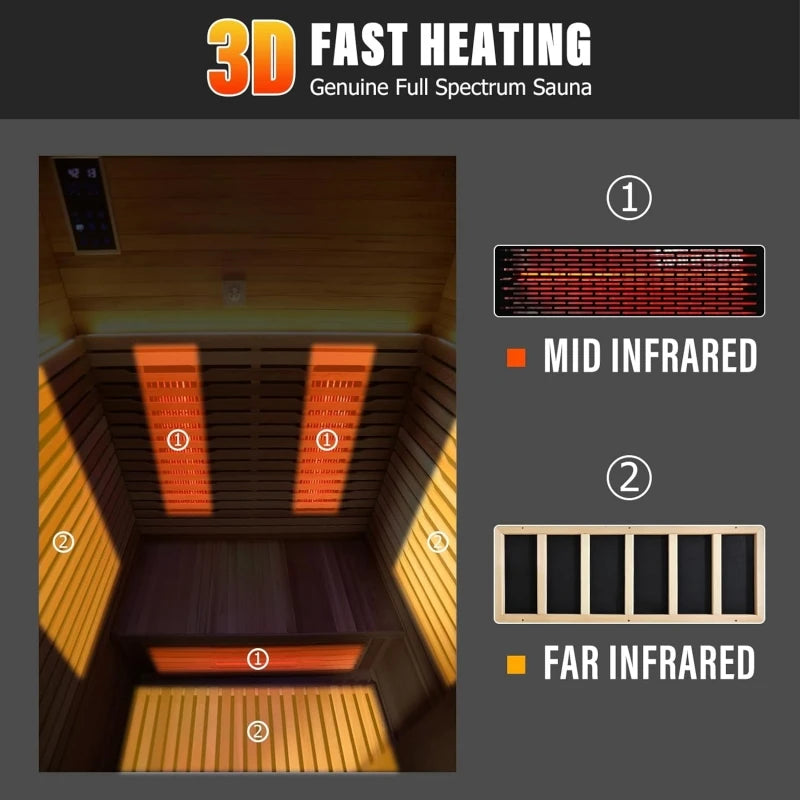 Full Spectrum Infrared Sauna for 2 Person WiFi Control Outdoor Canadian Hemlock Wood Home Spa Saunas with 6 Heating Elements
