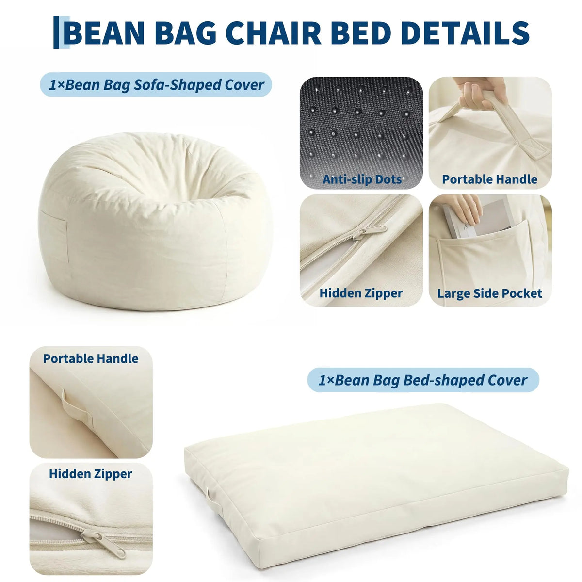 Large Adult Bean Bag Chair, 4 In 1 Convertible Bean Bag Bed, Memory Foam Floor Sofa, Flannel Cover With Inner Liner For Home