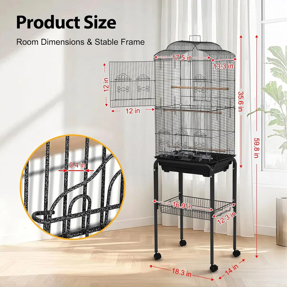 Tacleekii 60" Large Bird Cage with Play Top and Rolling Stand Multi-Level Metal Flight Cage Storage Shelf Removable Tray Feeding Bowls & Perches, Easy-Clean Aviary for Parakeets, Cockatiels