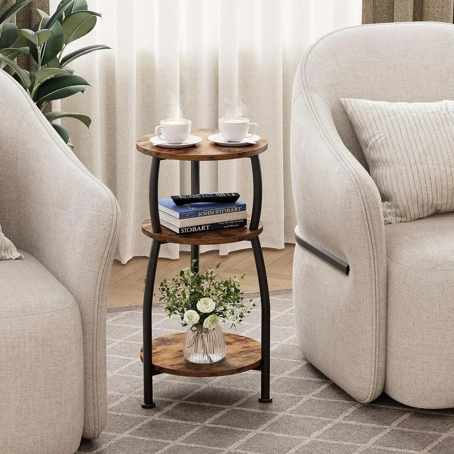 Small Round Side Table, 3-Tier End Table with Storage Shelf, Slim Coffee Table for Small Spaces, Industrial Sofa Table Used for
