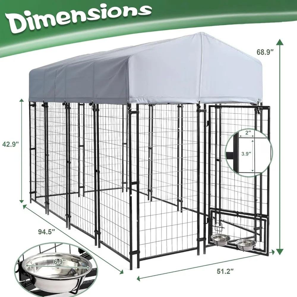 8x4x6 FT Heavy Duty Outdoor Dog Kennel with Roof, Rotating Bowls & Secure Lock for Large Dogs