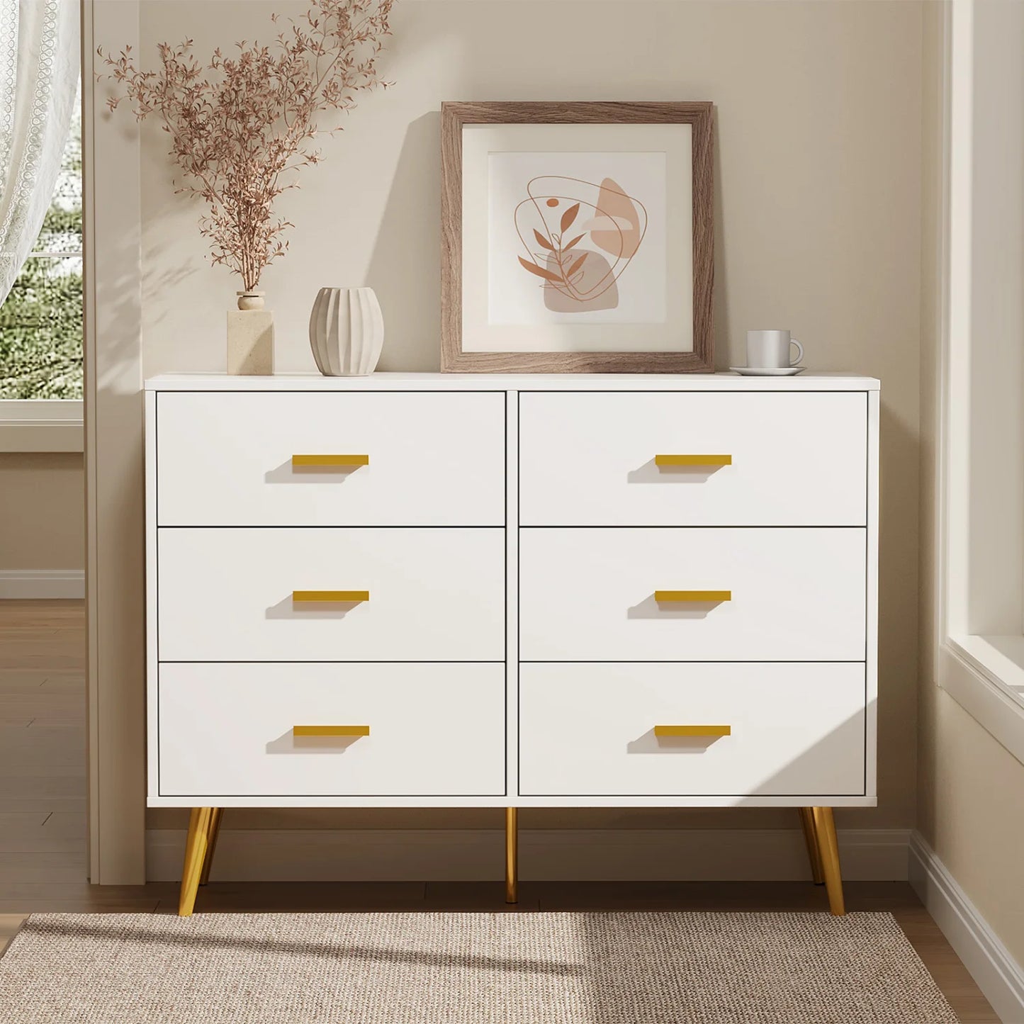 6-Drawer Chest of Drawers, Modern 6 Drawer Storage Cabinet with  Sturdy Metal Legs, Bedroom Drawer Organiser for Living Room