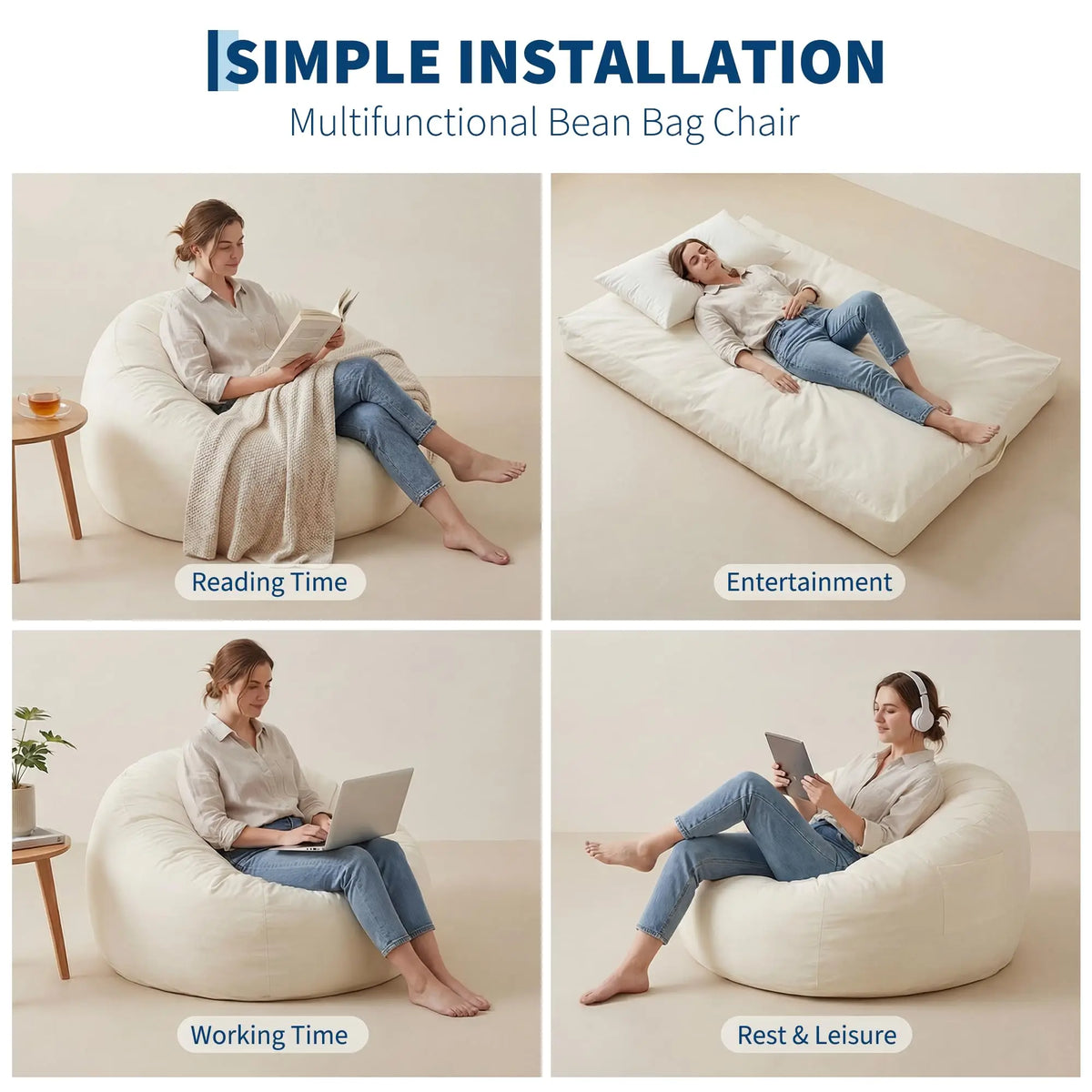 Large Adult Bean Bag Chair, 4 In 1 Convertible Bean Bag Bed, Memory Foam Floor Sofa, Flannel Cover With Inner Liner For Home