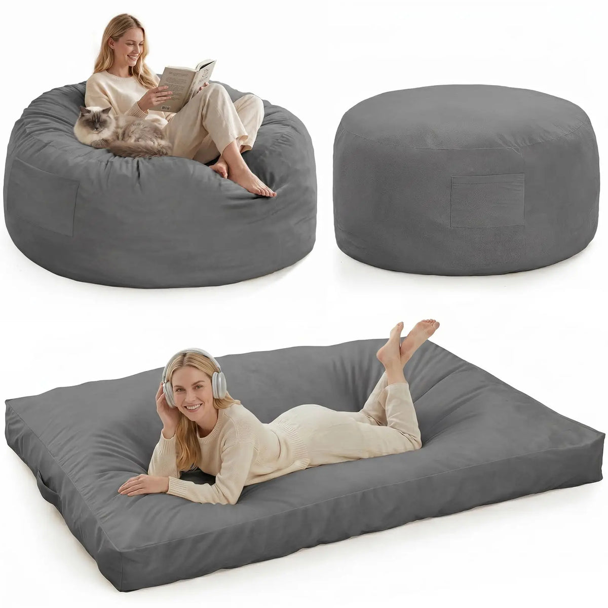 Large Adult Bean Bag Chair, 4 In 1 Convertible Bean Bag Bed, Memory Foam Floor Sofa, Flannel Cover With Inner Liner For Home
