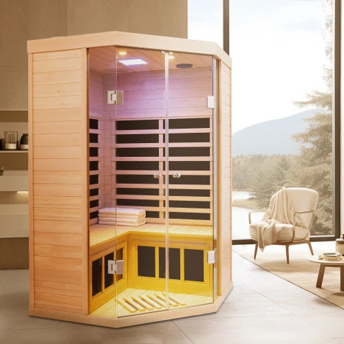 A pentagonal hemlock sauna room that can accommodate two people