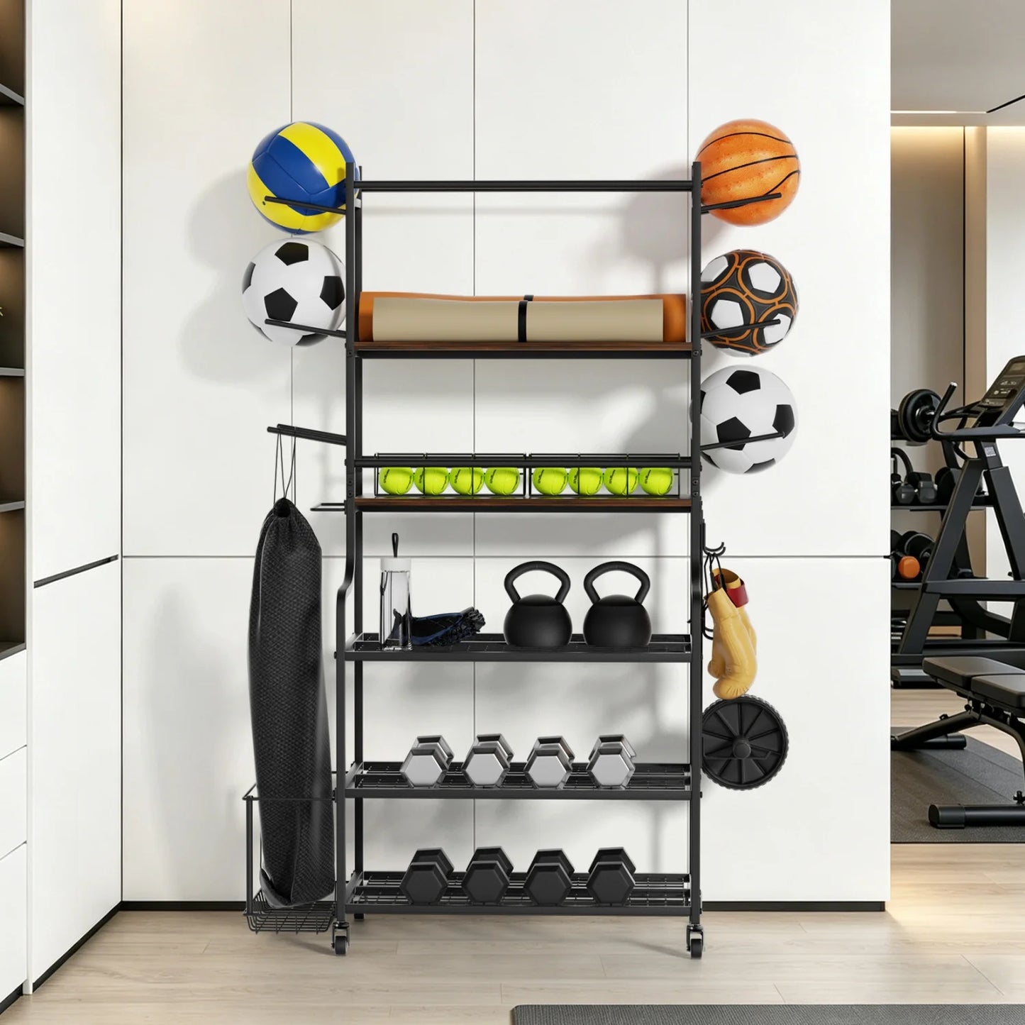 Movable Workout Storage Racks Yoga Mat Storage Stand with Wheels for Dumbbells, Kettlebells Storage Rack