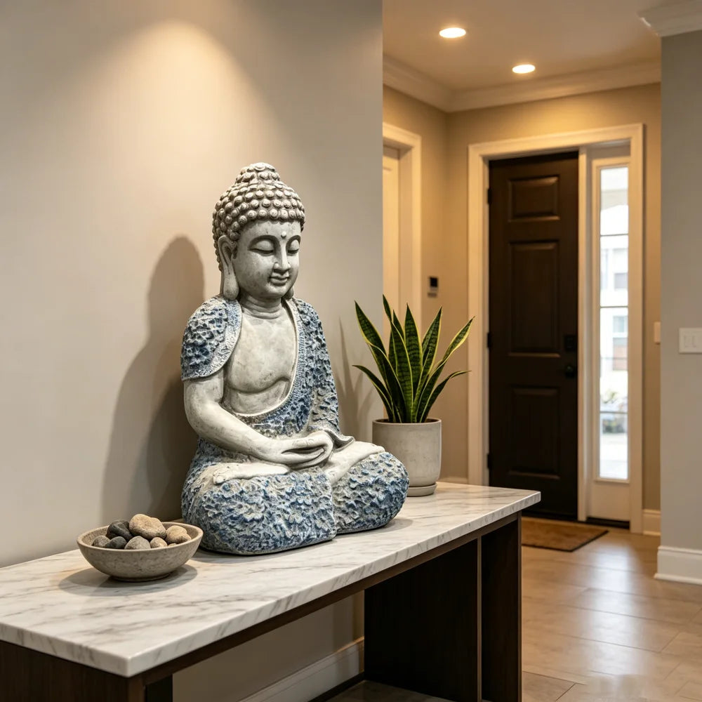16 Inch Weatherproof Resin Meditating Buddha Statue with Blue Floral Details, Calm Zen Style Figurine, Decorative Ornament for Patio Lawn Yard Outdoor Landscape & Indoor Space