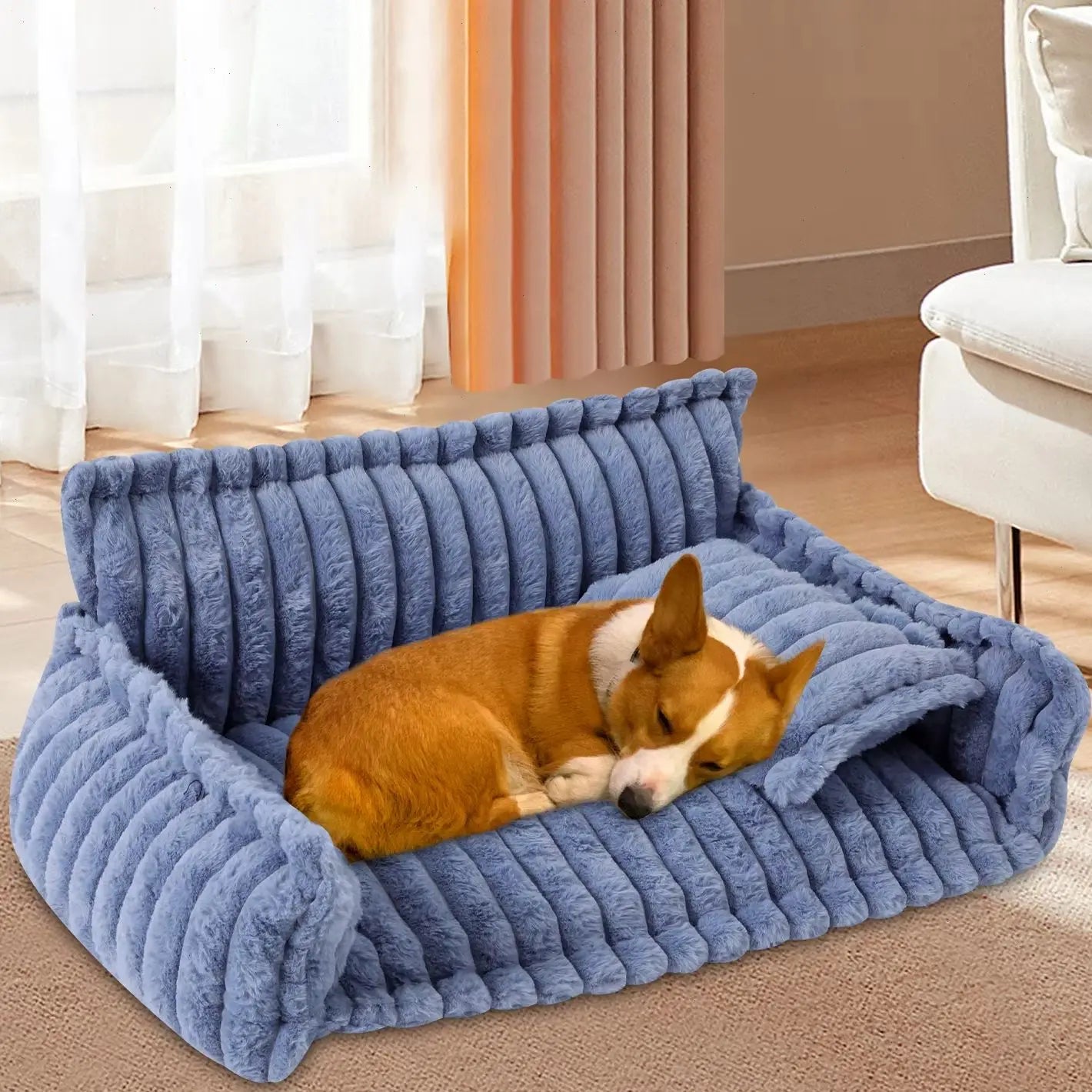 Soft Rabbit Plush Pet Sofa Bed Anti Slip Bottom Zipper Removable Cover Comfortable Pet Sleeping Couch With Pillow Fashion Striped Design Indoor Bedroom Living Room Pet Rest Furniture