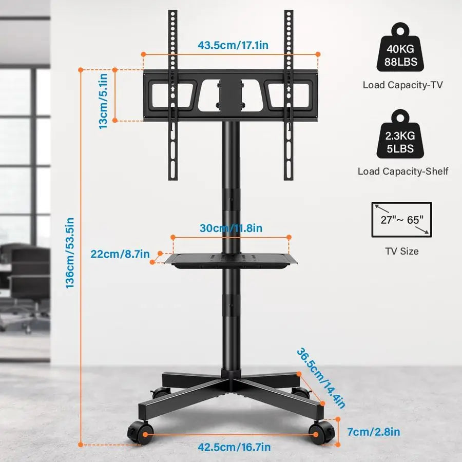 Mobile TV Cart for 23 to 65 inch LCD LED Flat Screen Curved TVs Floor TV Stand on Wheels with Height Adjustable Shelf Max VESA 4