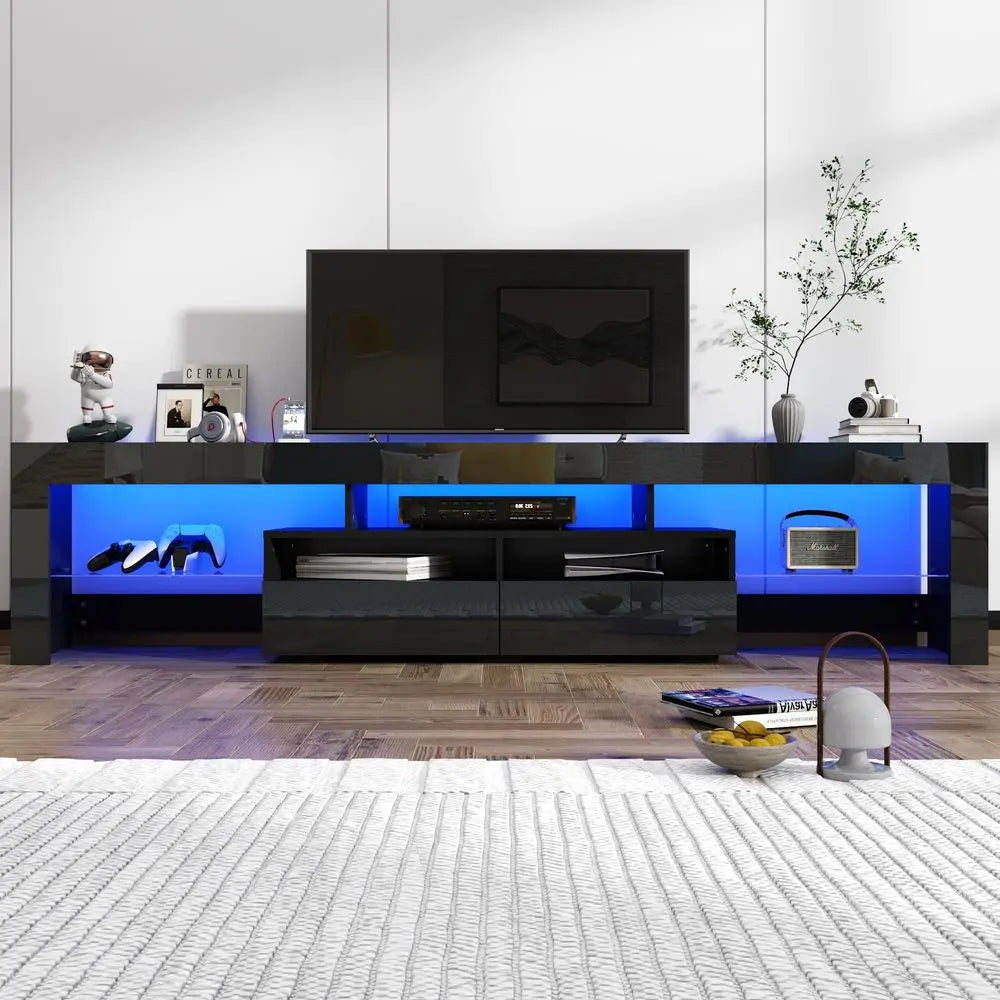 86IN LED TV Stand for 90 100 inch TV, High Glossy Modern Entertainment Center with Drawer and Led Lights, Television Table Medi